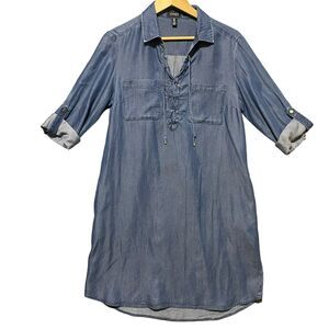 Jones New York Women's Shirt Dress Chambray Roll-Tab Sleeve Lace-Up Pockets Sz 8
